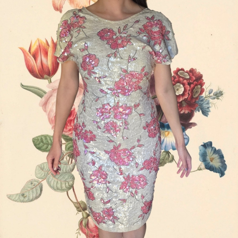 Vintage Knit Wiggle Sequin Beaded Floral Dress Medium 8